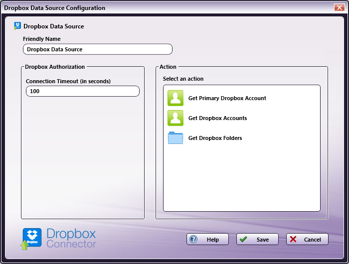 Dropbox Data Source Configuration Window