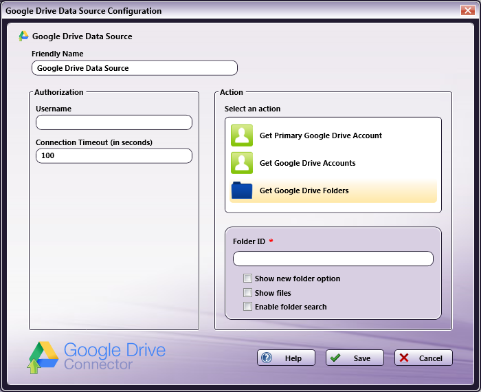 Google Drive Data Source Configuration Window