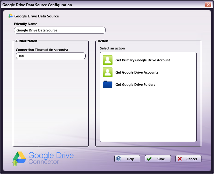 Google Drive Data Source Configuration Window
