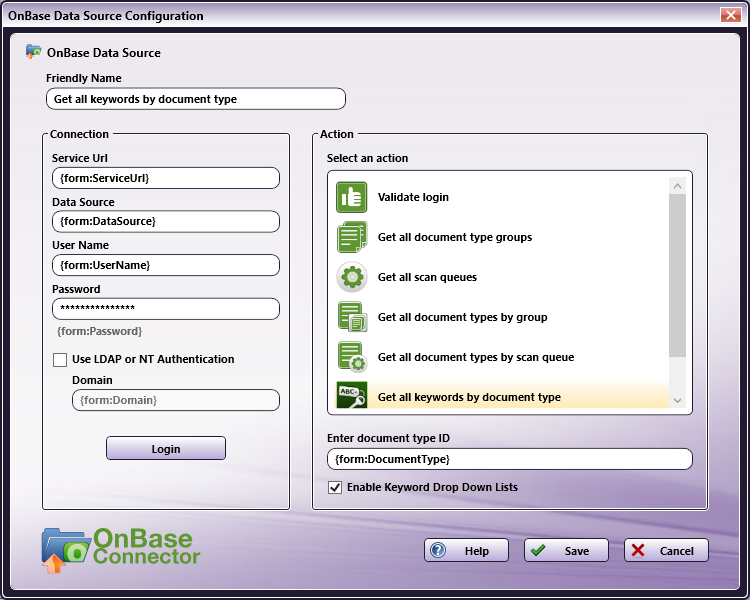 OnBase Data Source Configuration Window