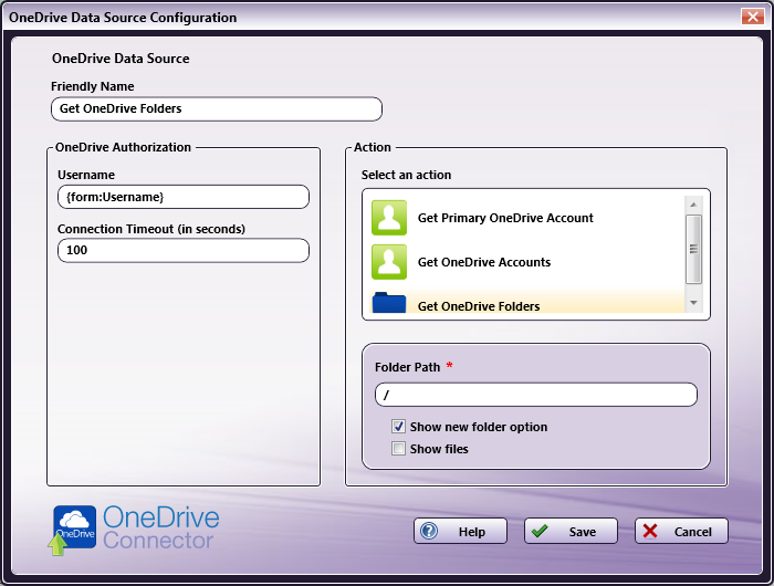 OneDrive Data Source Configuration Window