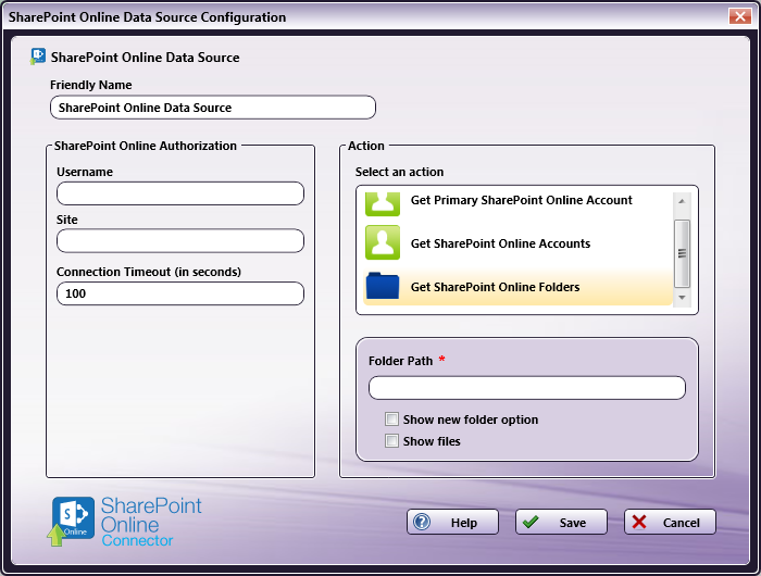 SharePoint Online Data Source Configuration Window