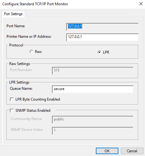 Printer port settings for a secure queue