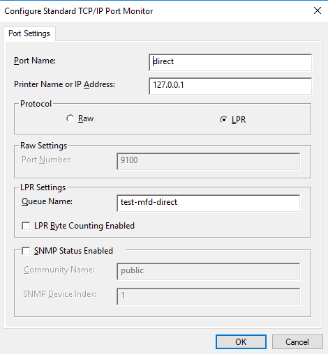 Printer port settings for a direct queue