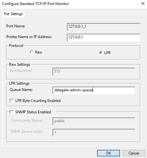 Printer port configuration for a shared queue